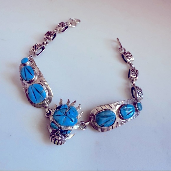 NWOT Unisex Handmade Sterling Silver and Genuine Turquoise Skull Bracelet - Picture 1 of 8